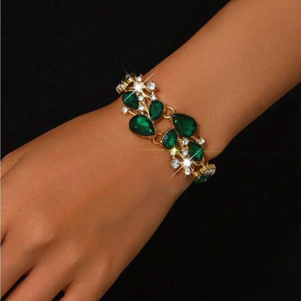 Gold Bracelet with Emerald Green Teardrop Stones - Women Jewelry